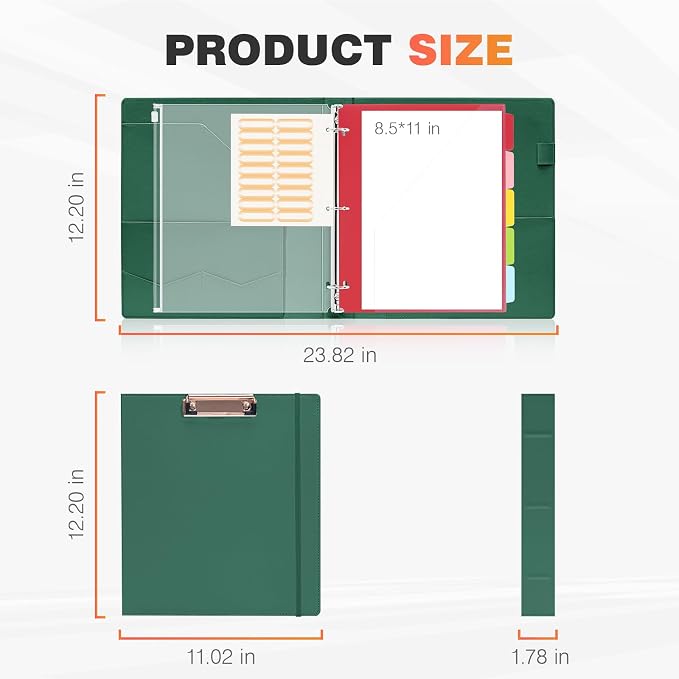 Eyrozill Professional Leather Binder Portfolio with Clipboard, Zipper Pouch, 5 Sheets Plastic Dividers，Professional 3 Ring Binders 8.5 x 11, 1-inch Round Rings, Green