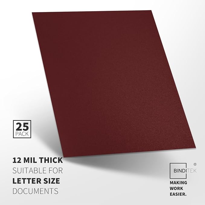 Binditek 12 Mil Sand-Textured Binding Covers, Letter Size, Maroon, 25 Pack | Plastic Binding Covers, 8.5" x 11", Subtle Matte Finish, Square Corners, Unpunched, Ideal for Business Reports and Proposals