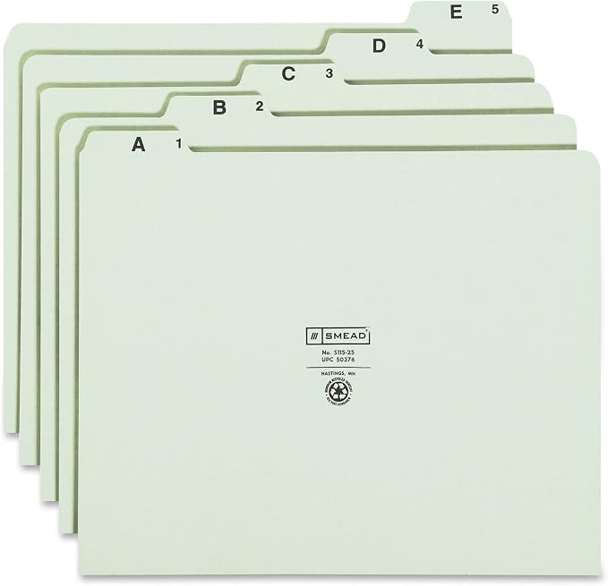 Smead Pressboard Guides, 1/5-Cut Tab (A-Z), Letter Size, Gray/Green, Set of 25 (50376) (Pack of 1)