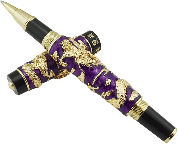 Jinhao Double Dragon Rollerball Pen Purple Cloisonne Enamel Handcraft for Signature and Collection