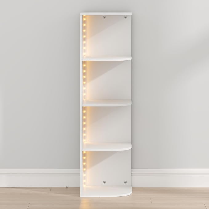 Furinno PASIR Book Shelf with LED Lights, 4-Tier Bookshelf, Open Corner Shelf Bookcase, 9.3 x 12 x 41.4, for Home Office, Living Room, Study Room, White