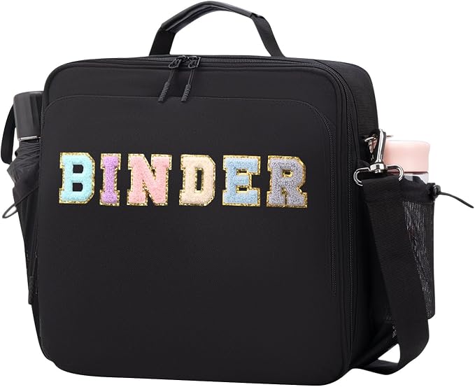 3 Ring Zipper Binder 3 Inch D Rings with Double Water Bottle Holder | Cute Initial Water-Resistant Zip Up Binder for School Office, 700-Sheet Capacity & Shoulder Strap & Laptop Pocket, Black