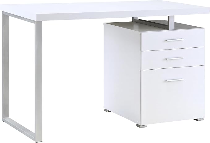 Coaster Home Furnishings Brennan Modern Contemporary Home Office 3-Drawer Writing Desk with Drawers Computer Desk Study Table File Cabinet Storage Silver Metal Frame White 800325
