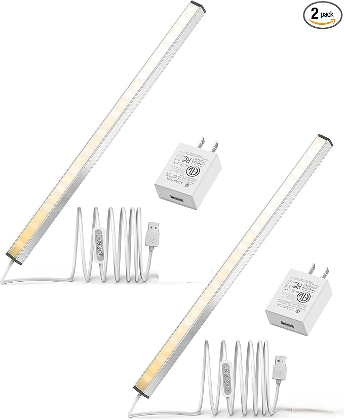 ASOKO LED Under Cabinet Lighting USB Plug-in, Dimmable, 3 Color Temperature, 14.5 in, Under Counter Lights for Kitchen,Shelf,Cupboard, Under Desk Monitor Light Bar (Sliver, 14.5 inch-2 Pack)