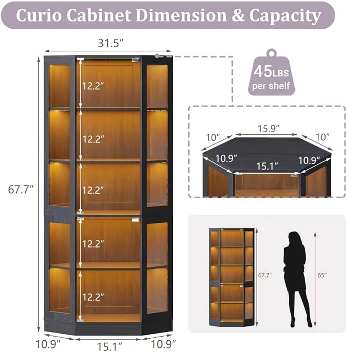 Corner Display Cabinet with Glass Doors, 5-Tier Curio Cabinets with RGB Lights, 71" Display Case with Wood Shelves for Collectibles, Black