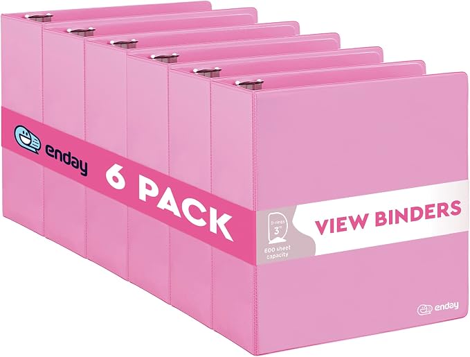 Enday 3 inch Binder (6 Pack - Pink) 3 Ring Binder 3 inch with Clear View Cover and 2 Inside Pocket - for Letter Size 8.5 x 11'' Paper, Ideal for School Supplies, Office, and Home