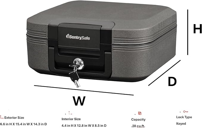 SentrySafe Dark Gray Fireproof and Waterproof Safe with Key Lock, Chest Lock Box with Carrying Handle for Travel, 0.28 Cubic Feet, 6.6 x 15.4 x 14.3 Inches, CFW20201 | Portable Fire Water Resistant Chest Safe With Key Lock Security, Carrying Handle, Id...