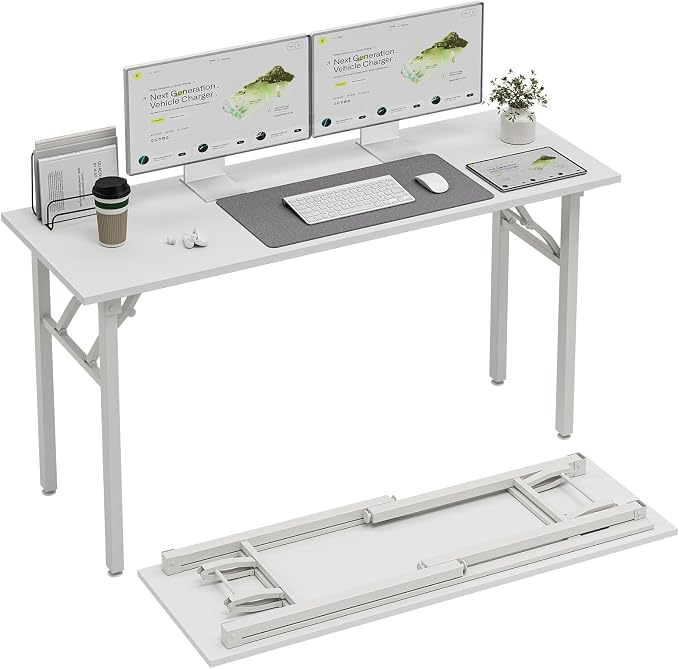 TEMI Long Computer Desk Folding Table - 55.1" Foldable Office Desk, No Assembly, Perfect Writing Table for Bedroom or Apartment, Portable Large Desk or Study Table with Compact Design, White Ash