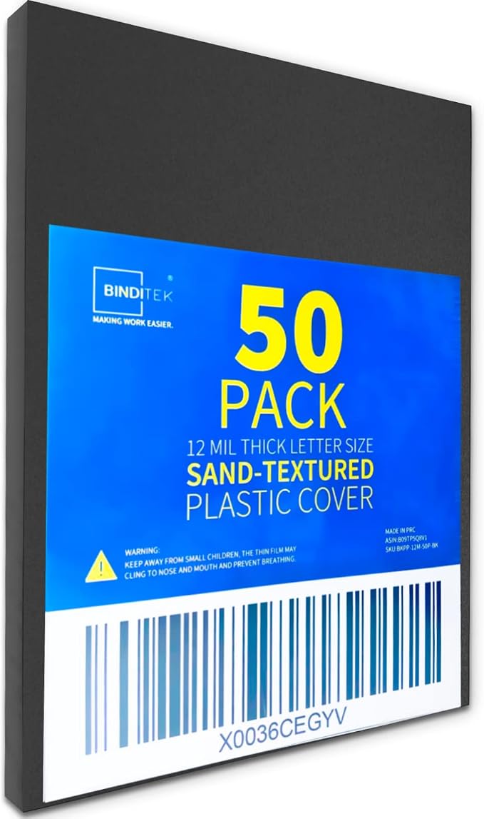 Binditek 12 Mil Sand-Textured Binding Covers, Letter Size, Black, 50 Pack | Plastic Binding Covers, 8.5" x 11", Subtle Matte Finish, Square Corners, Unpunched, Ideal for Business Reports and Proposals