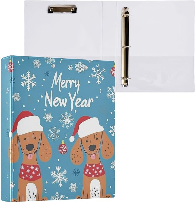 Merry New Year Quoted Cute Brown Dog3 Ring Binder 1.5" Decorative D-Ring Binder with Clipboard&3 Clear Pockets, Holds 200 Sheets A4 Size Paper Waterproof Binders for School Home Office