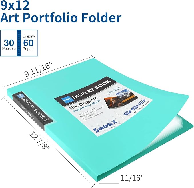 Sooez 30-Pocket Binder with Plastic Sleeves 9x12, Heavy Duty Art Portfolio | Folder with Clear Sheet Protectors, Display 60 Pages, Presentation Book for Artwork, Document Organizer Binder, Sky Blue