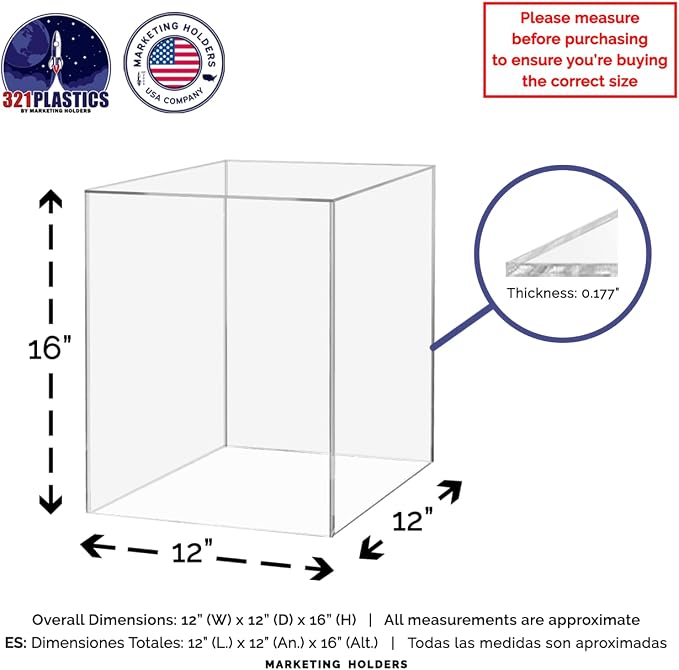 Marketing Holders 4 Pack 12" x 12" x 16" Riser Box Acrylic Display with One Open Side No Lids Versatile Tall Plexiglass Retail Product Storage Bin or Wedding Floral Centerpiece Pedestal