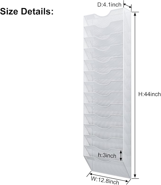 14 Pockets Hanging Wall File Organizer, Office Organization Wall Mount Mail Sorter Paper Holder Bill Organizer for Home, White
