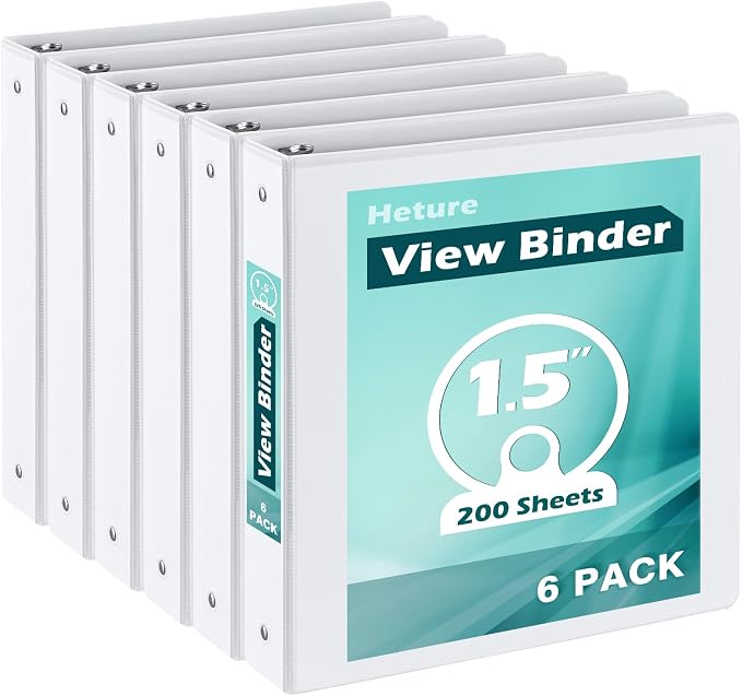 Heture 3 Ring Binder 1.5 Inch 6 Pack, 1-1/2" Clear View with Round Rings, PVC-Free,Holds for 325 Sheets 8.5X 11 US Letter Size Paper, Durable White Binders Perfect for Office,School and Home
