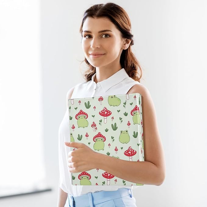 Cute Mushroom Frog Kawaii Frog Binder 1.5 Inch Binder with Clipboard&Pockets, Hardcover Binders 3 Ring, Heavy Duty Large File Folder for Office School Supplies - Holds 200 Sheets