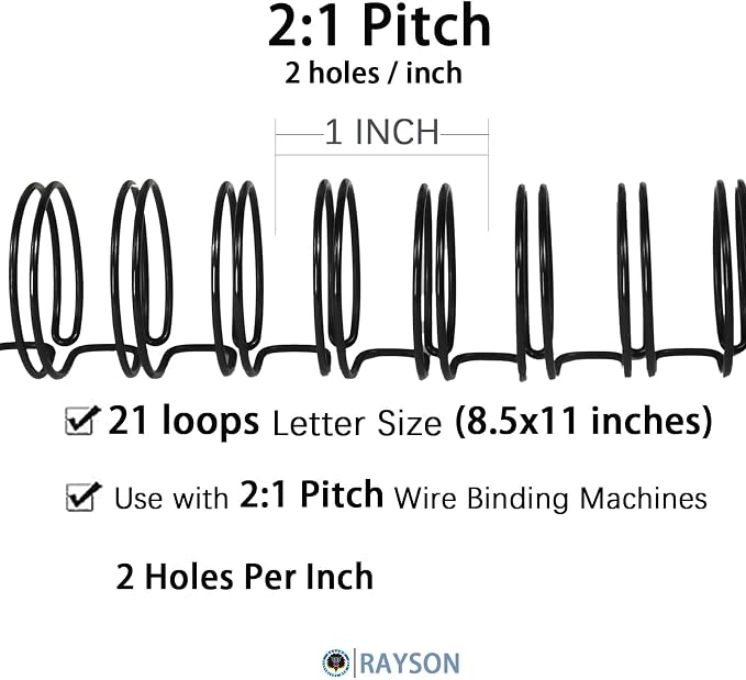 RAYSON 2:1 Wire Binding Spines 21 Loop, 7/8 Inch, Black, 220 Sheet, 50 Pack | 2:1 Pitch Binding Wire | Double Loop Wire Design | Binds Up to 220 Sheets | Letter Size Compatible | Smooth Page Turning
