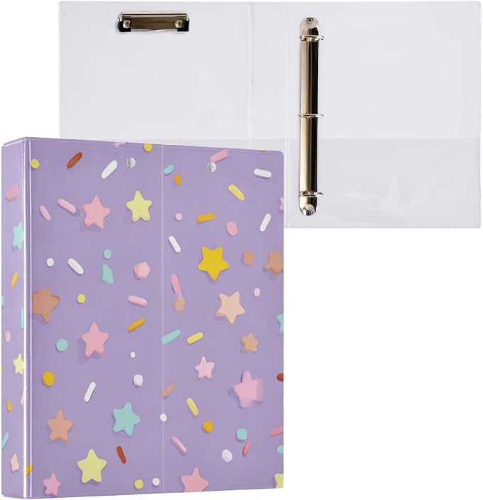 Aslsiy Ice Cream Confetti 3 Ring Binder 1.5 Inch Purple Star Round Clipboard Binder Decorative Harcover Binders Organizer for Office Supplies