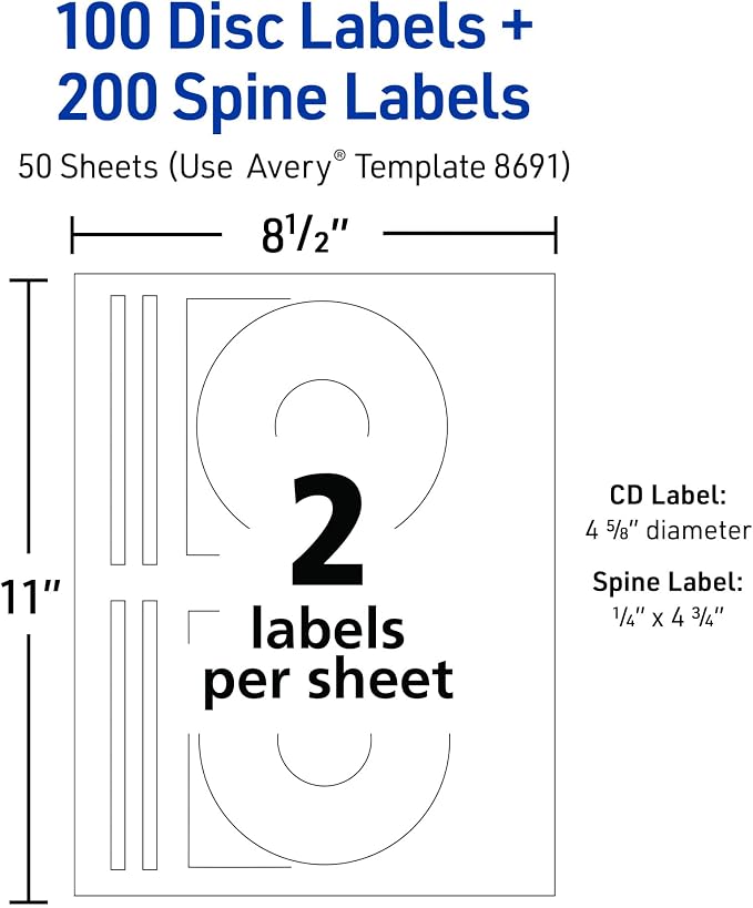 Avery Printable CD Labels, Matte White, Permanent Adhesive, Inkjet Printer Compatible, 100 Disc & 200 Spine Labels, Ideal for CDs, DVDs, PC Discs, Media Projects (8691) (Pack of 5)