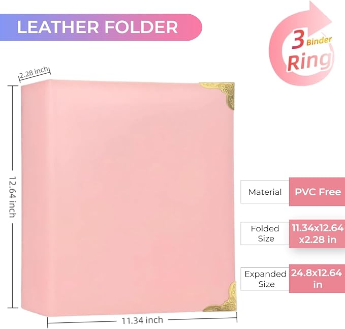 Hardback Leather 3 Ring Binder, 1.3 Inch D Ring, Three Ring Binders Fits 8.5" x 11", Corner Protectors, PU Leather Cover, for Photo Album, Home, Professional Office & School Supplies, Pink