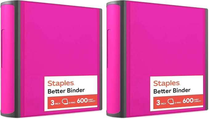 Staples Heavy-Duty 3-Inch D-Ring Binder, Pink – Large Capacity 3-Ring Binder, Holds Up to 600 Sheets for School & Office (Pack of 2)