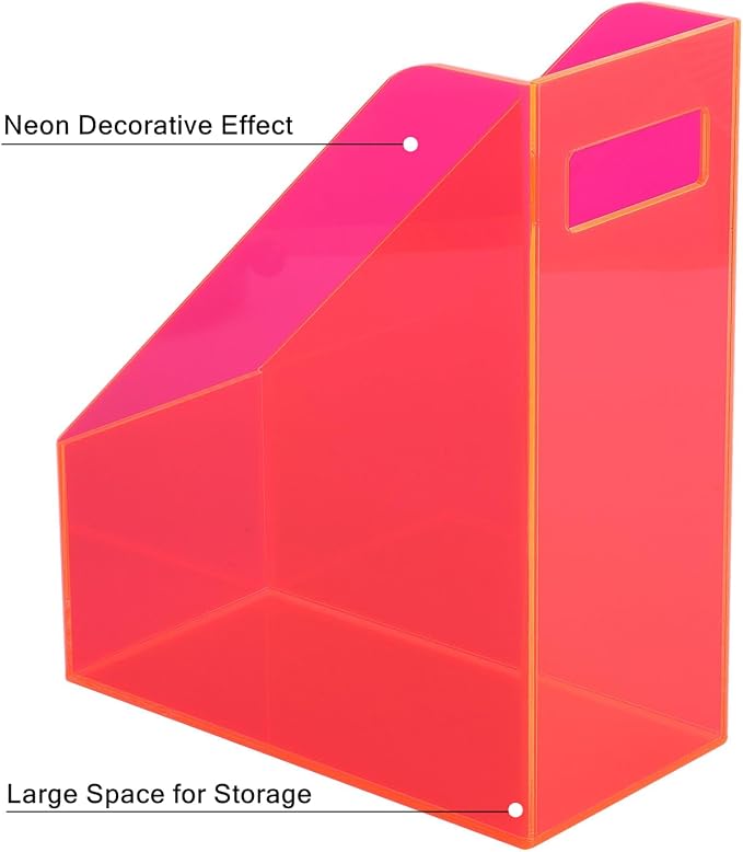 Acrylic Magazine Rack Desk File Holder Organizer for Office Desktop Vertical Magazine Storage Box, 12 x 10 x 5'', Neon Pink