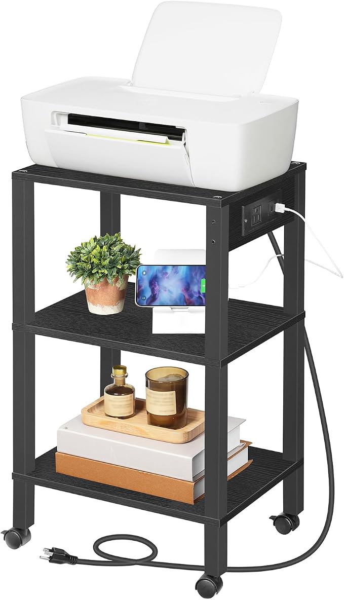 HOOBRO 3-Tier Printer Stand with Charging Station, Under Desk Printer Table, Printer Cart with Storage Shelves, Shelf for Small Spaces, for Home Office, Black BK63UPS01