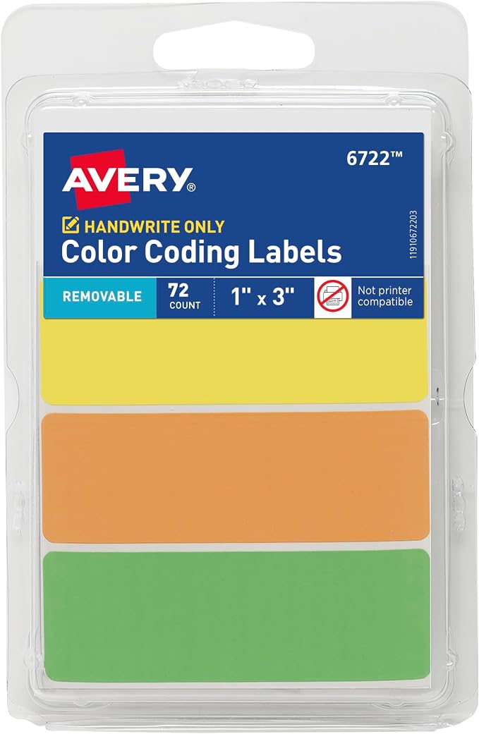 Avery® Color-Coding Removable Labels, 1" x 3", Assorted Neon Colors, Non-Printable, 72 Blank Labels Total (6722)