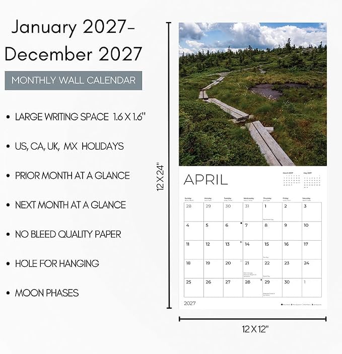 Appalachian Trail 2027 Wall Calendar, 12 x 24 Hanging Pacific Waters Press