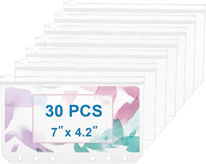 30pcs A6 Binder Pockets 6 Holes Zipper Folders Clear PVC Card Loose Leaf Bags Cash Envelopes for Budgeting Binder Waterproof Document Filing Bags for 6 Ring Notebook Planner Inserts