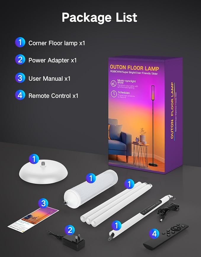 OUTON Bright Smart Floor Lamp with Remote, App & Touch Control, RGB Color Changing Standing Lamp, 2200K-6500K Dimmable, 3 Adjustable Heights, 32 Scenes for Living Room Bedroom Office,White & Metal