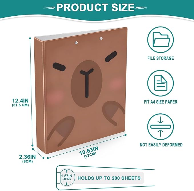 JIPONI 3 Ring Binder Capybara Face 1 Inch Round Binders for Men Women Students, Cute File Organizer for Office Home School