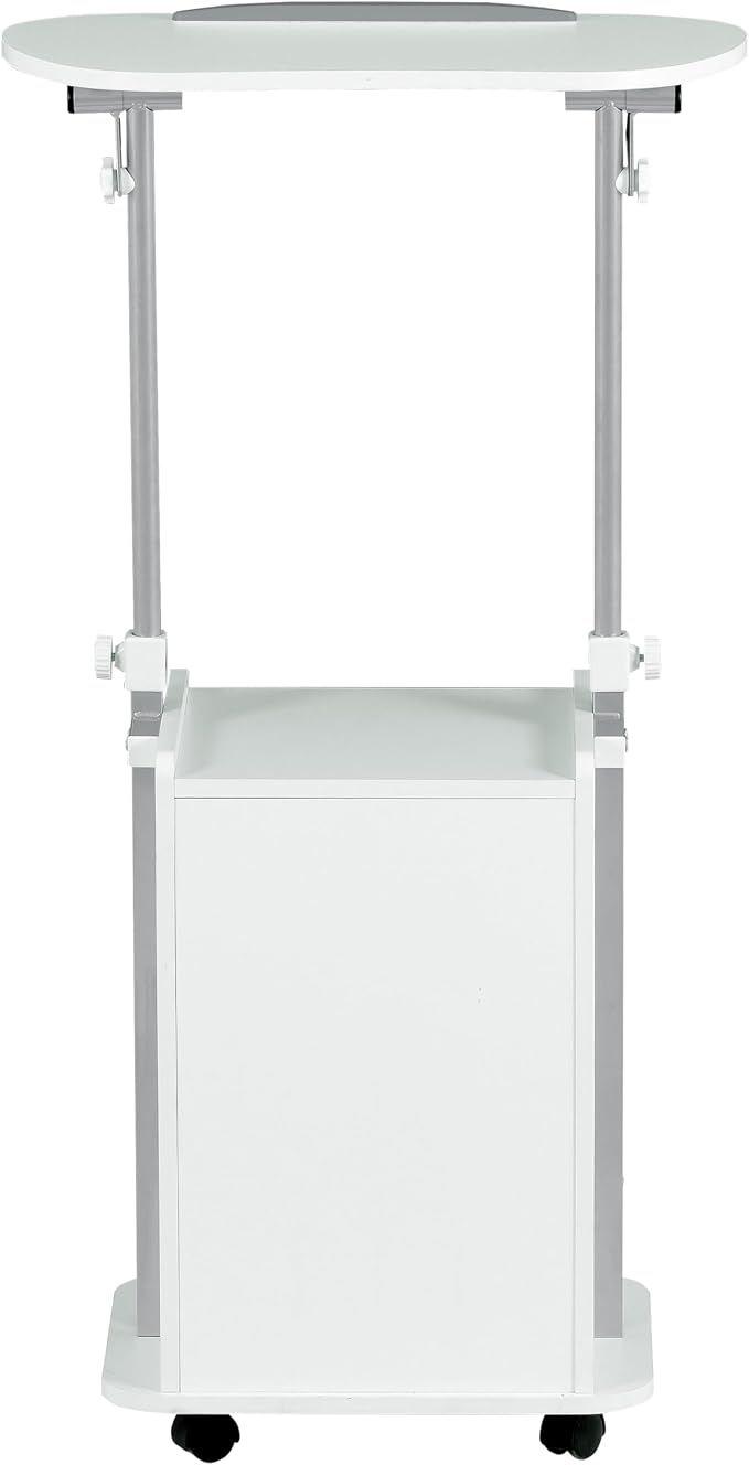 Techni Mobili Adjustable Laptop Cart w/Storage, Rolling Mobile Desk, White | Adjustable laptop cart with storage cabinet, shelf, locking wheels, sit‑stand height for home office, bedside, classroom