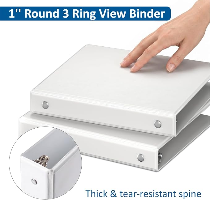 3 Ring Binders, 1" Round Rings 12 Pack, Fits 8.5x11in, View 2 Pocket, White | for 8.5x11 Inch Paper, for Customizable Covers, Three Ring, for School Office Business Supplies, White, 1 Inch