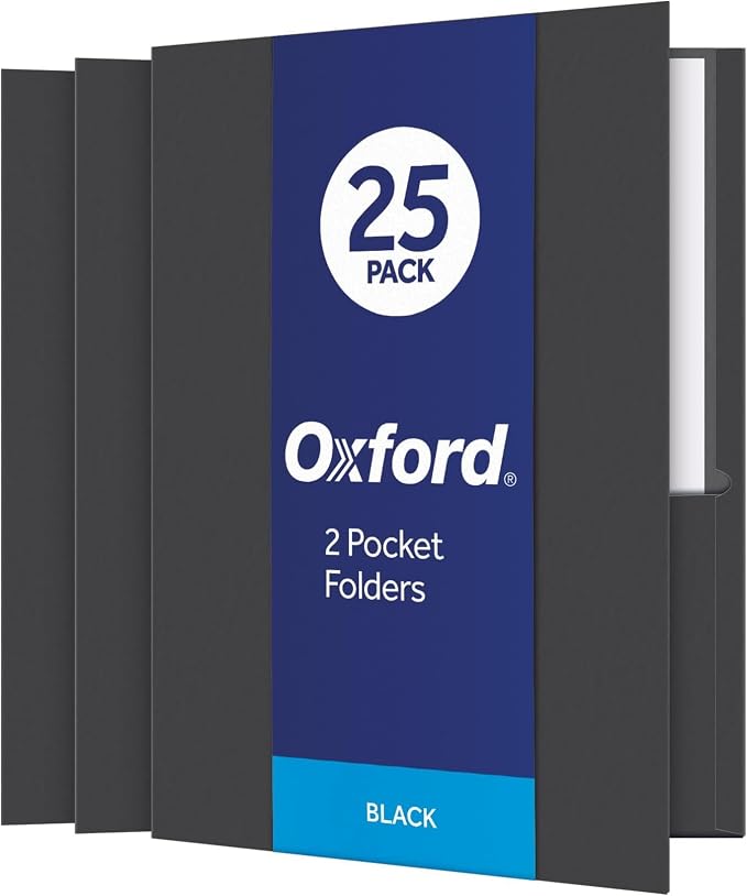 Oxford Twin-Pocket Folders,Textured Paper,Letter Size,Black,Holds 100 Sheets,Box of 25 (57506EE),8-1/2 x 11,(Pack of 5)