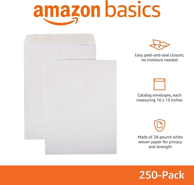 Amazon Basics Catalog Self Seal Envelopes for Documents, Booklets, Mailers, 10x13 Inch, 28 lb, White, 250-Pack
