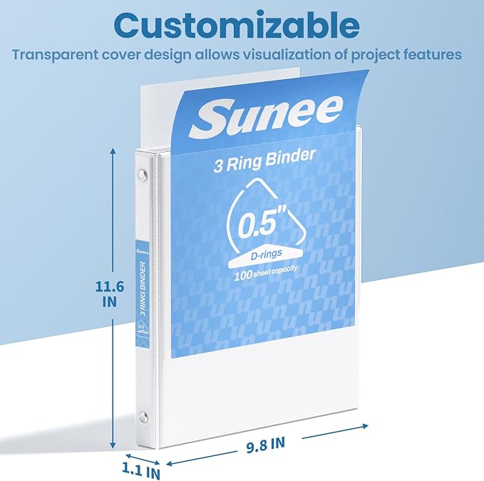 SUNEE 3 Ring Binder, 1/2 Inch D Ring, Clear View PVC-Free (Fit 8.5x11 Inches), White, 1 Pack