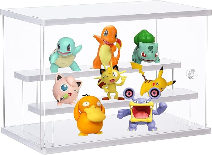 Dezzer Acrylic Display Case Stand with 2 Ladder Shelves, Clear Dustproof Protection Storage Display Box for Collectibles, Action Figures, Miniature Figurines, White (12.4x7x8.6in)