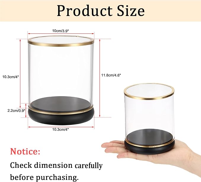 Hipiwe Vintage Display Case Clear Collectibles Showcase with Black Wooden Base Gold Frame Keepsake Box for Plants Action Figurine Models, Cylinder, 4 x 4 x 4.3 Inch