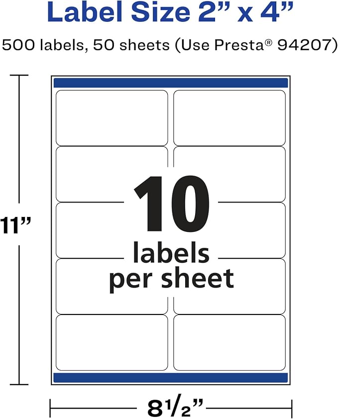 Avery® Matte White Removable Rectangle Labels, Sure Feed® Technology, 2" x 4", 500 Removable Labels, Laser/Inkjet Printable