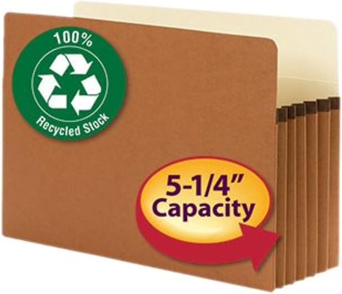 Smead 100% Recycled File Pocket, Straight-Cut Tab, 5-1/4" Expansion, Legal Size, Redrope, 10 per Box (74206)