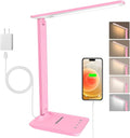LED Desk Lamp for Office Home, Bright Desk Light with USB Charging Port, Adjustable Dimmable Desk Lamps 5 Modes 5 Brightness, Touch Study Lamp for Nail, Craft, Puzzle, Sewing, Study, Pink