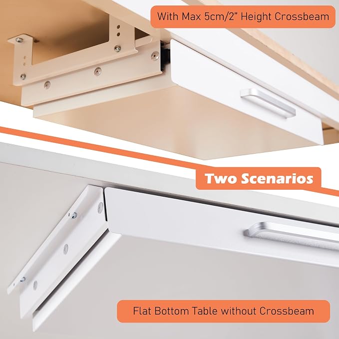 Under Desk Drawer Organizer 21", Large Desk Pencil Storage Drawer | White, Under Cabinet Table, Heavy Duty Pull Out Shelf, Attachable for Workbench, Adjustable Brackets, Work Shop, Desk Lip