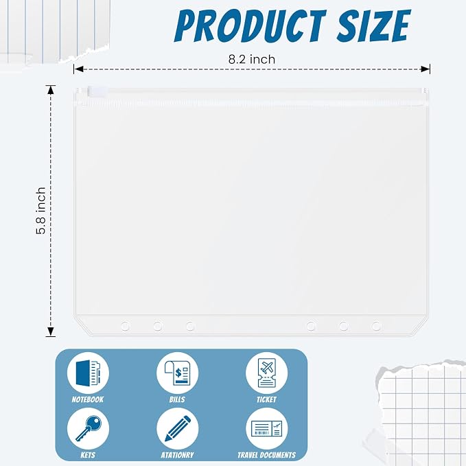 Zonon 30 Pcs A5 6 Rings Tansparent Zipper Binder Pouches Clear Binder Pockets with Zipper Folders Waterproof PVC Loose Leaf Bags Filling Bags for Pen Pencil Notebooks File Document