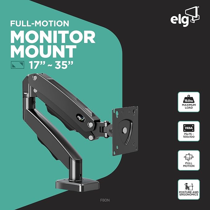 ELG Gas Spring Monitor Arm, Full Motion, 20.9" Reach, 17-35" Screens 19.8 lbs, +85°/-30° Tilt, 360° Rotation, C-Clamp & Grommet, VESA 75x75 to 100x100mm, Cable Organizer, Black