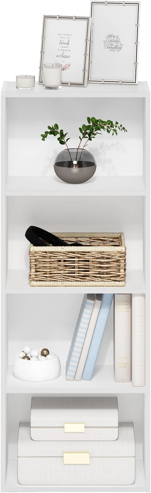 Furinno LUDER 4-Tier Book Shelf, Open Shelves Bookshelf, White | 9 x 15.6 x 41.7, Closed Back, Modern Bookcase, for Living Room, Bedroom, Home Office