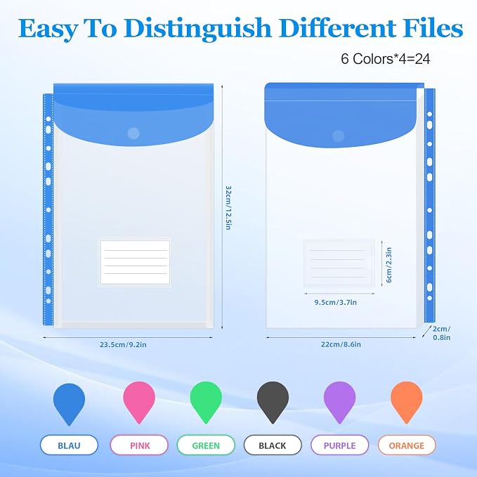 24 Pack Binder Folders with Pockets 11 Holes Expandable Dividers for 2/3/4 Ring Document Pouch with Label Loose-Leaf Transparent Binder Organizer for School Home Office