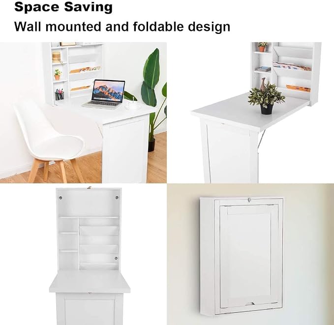 LDAILY LUARANE Wall Mounted Table, Foldable Multiple-Purpose Desk, Fold Out Wood Convertible Writing Desk Bookshelf Cabinet, Large Storage Space, Ideal for Home Office Study (White)