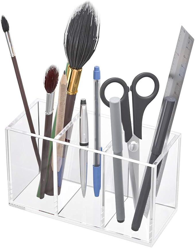 NIUBEE Acrylic Pen Holder 3 Compartments, Clear Pencil Organizer Cup for Countertop Desk Accessory Storage | Scratch-resistant thick acrylic with 3 slots for pens, pencils, makeup brushes, office, vanity and school use