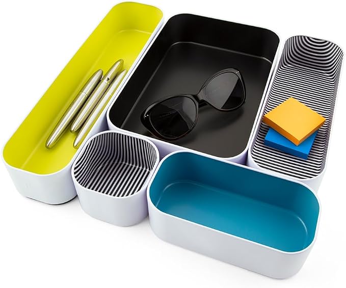Three by Three Seattle Metal Drawer Organizer Tray Set, 5-Pc, 2" (Assorted) | Deep 2" food-safe metal bins; soft non-scratch base; perfect for kitchen utensils, tools & bulkier drawer items