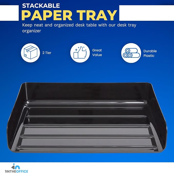 1InTheOffice Stackable Paper Tray, File Trays for Desk Stackable, Letter Tray Organizer, Side Load, Black, 2 Pack